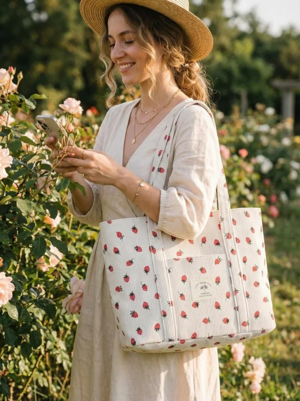 Stylish Large Corduroy Tote Bag - Zippered Shoulder Bag with Pockets for Women